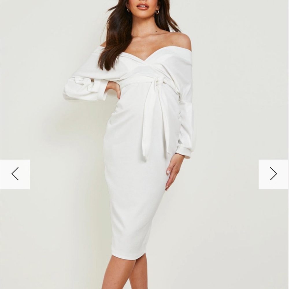 MATERNITY OFF THE SHOULDER WRAP MIDI DRESS